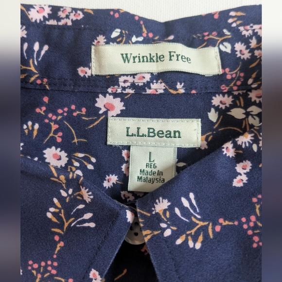 L.L. BEAN Floral WRINKLE FREE Cotton Button Down Shirt Navy Pink Size L EUC - Picture 8 of 12